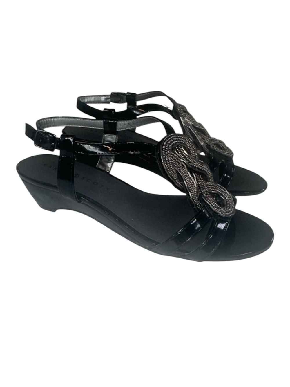 Karen Scott Elmann Black Beaded Patent Wedge Sandals Ankle T Strap Size 7.5